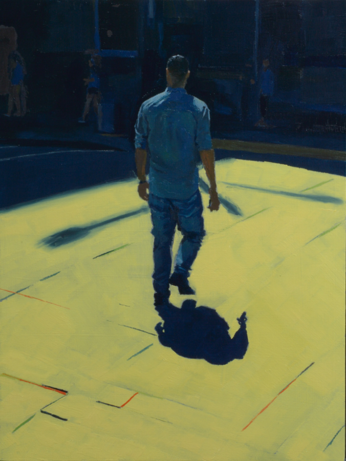 Man crossing yellow road / oil on board / 40 x 30 cm / Private collection