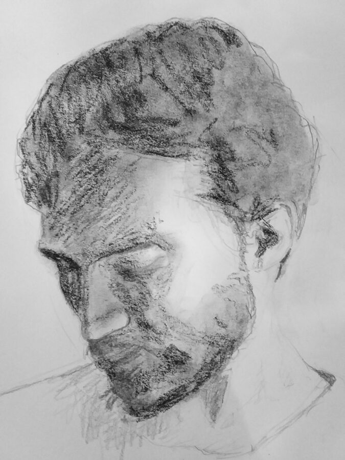 Head study of Tom from life and photographs, graphite and charcoal on paper