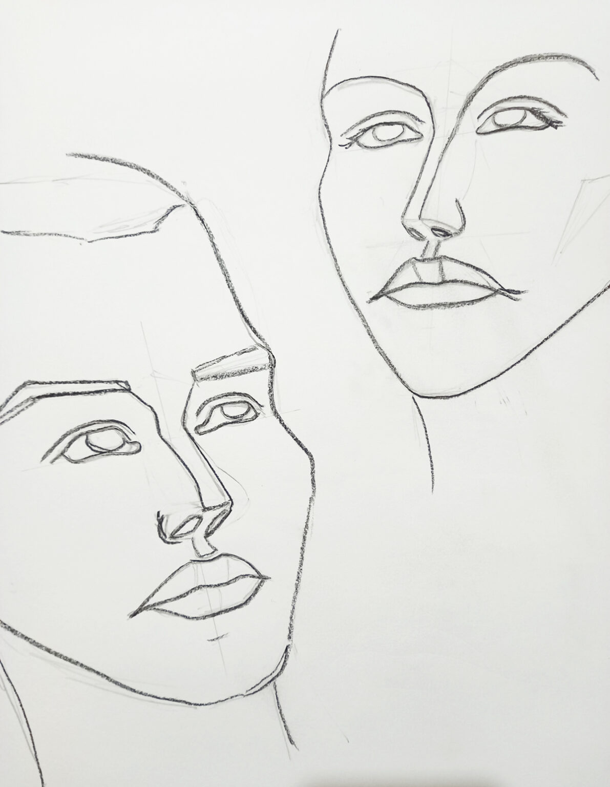 Imagined heads, structural methods, graphite and charcoal on paper