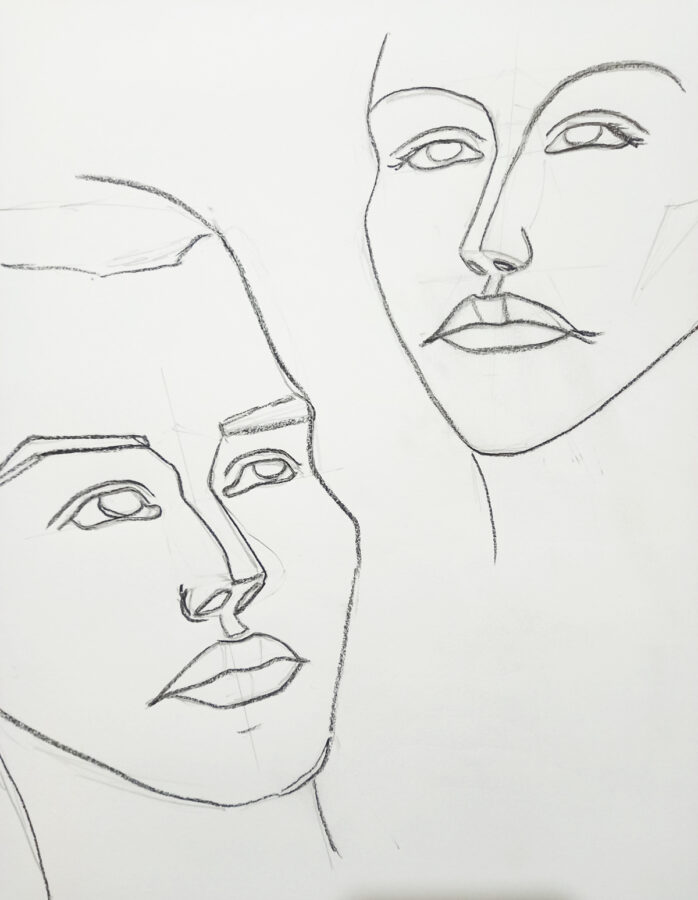 Imagined heads, structural methods, graphite and charcoal on paper