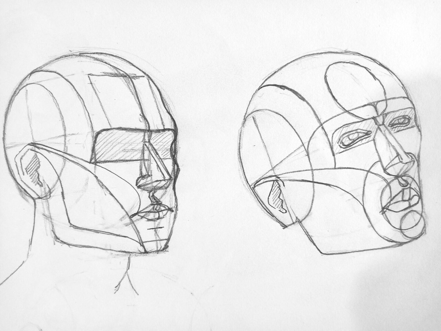 Structural heads based on Loomis and Reilly, graphite and charcoal on paper