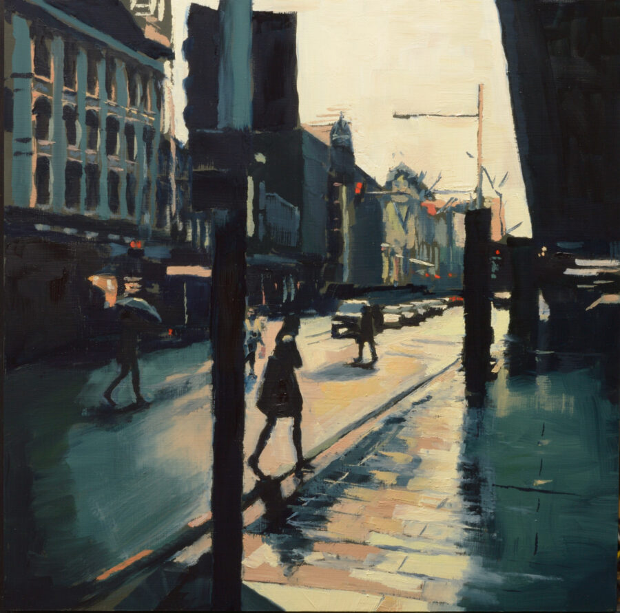Queen Street rainy evening / oil on board / 400 x 400 mm / Private collection