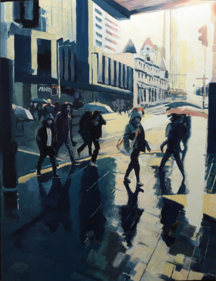 Britomart figures crossing in the rain / oil on board / 800 x 600 mm / Private collection