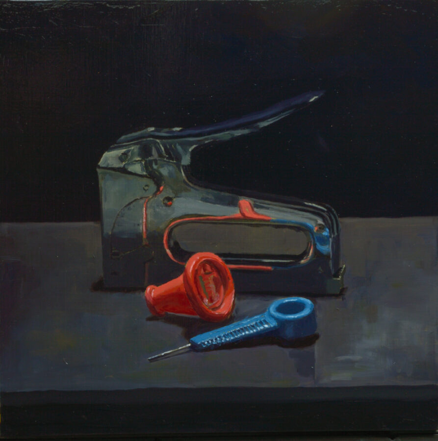 Stapler, kaleidescope and bradawl / Oil on board / 41 x 40 cm / 2019